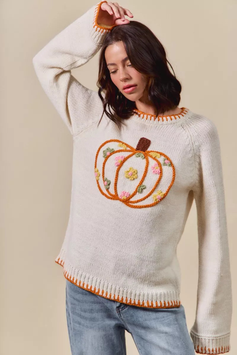 Pumpkin Floral Embroidered Thanksgiving Sweater – Festive Fall Knit
