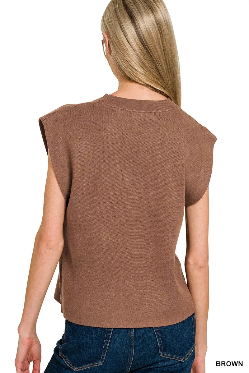 Women’s brown round-neck sleeveless viscose sweater vest, back view