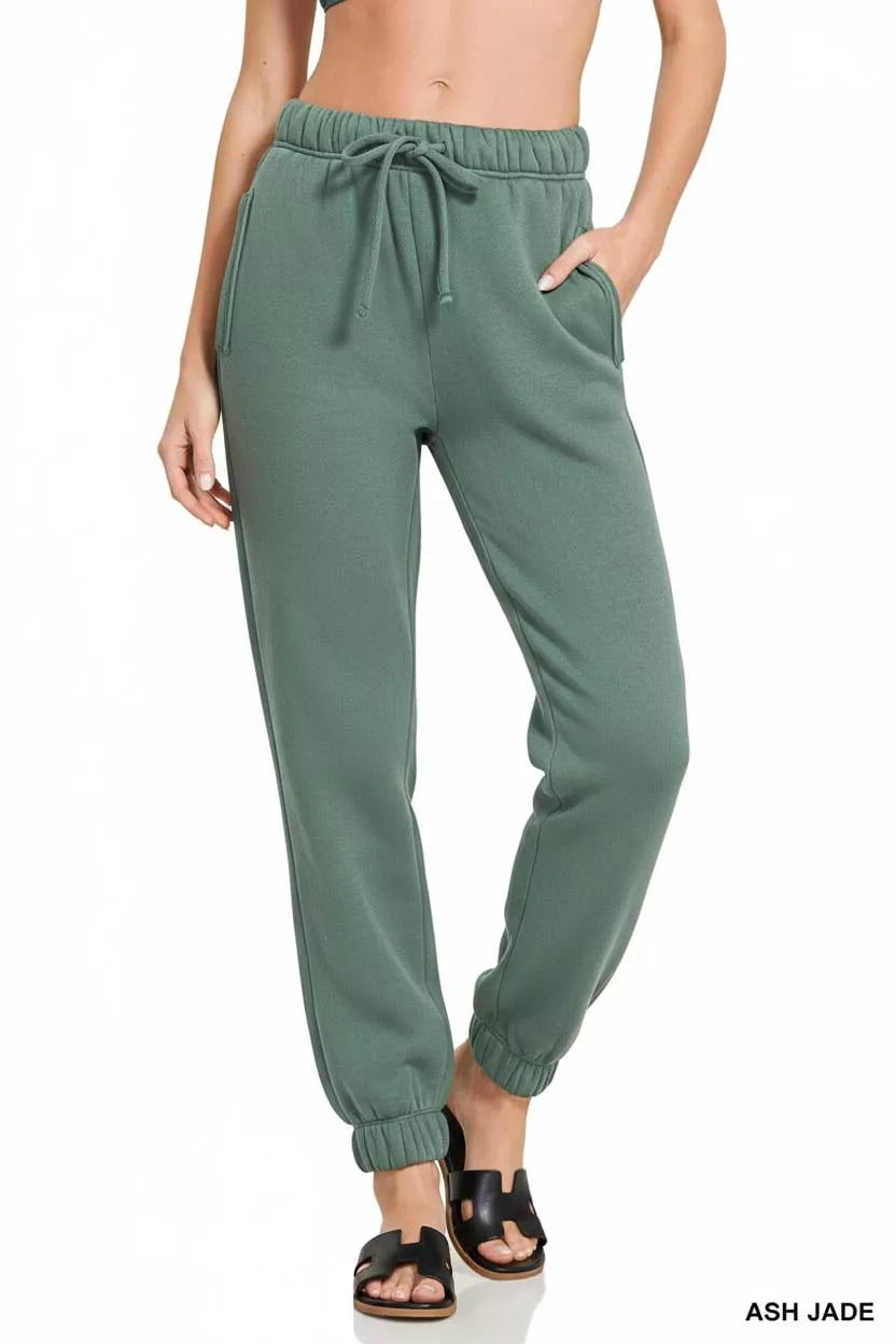 Ash jade fleece joggers, drawstring waist and side pockets, tapered jogger legs
