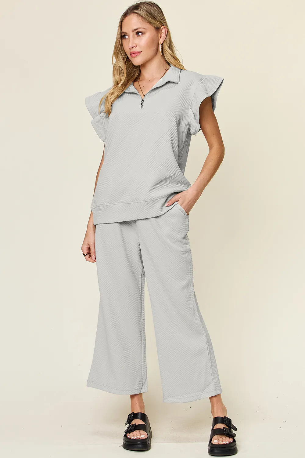 Light gray ruffle-sleeve top and wide-leg pants matching set, front view