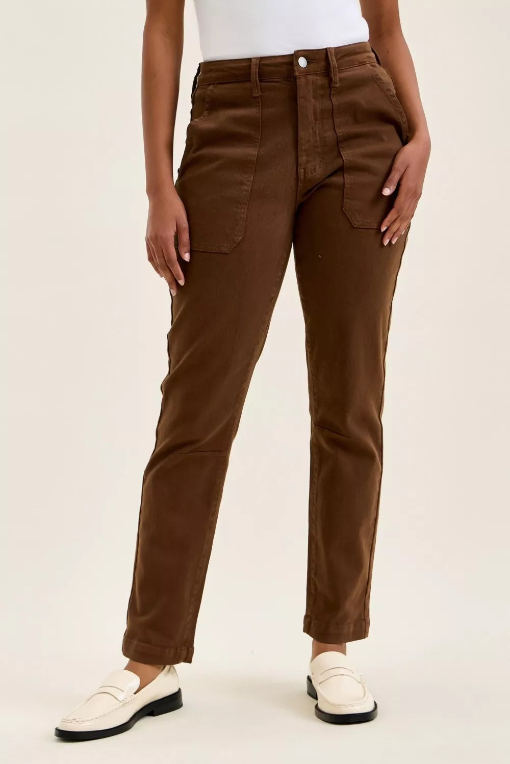Mahogany wash jeans with belt loops, front fly button, and two back patch pockets