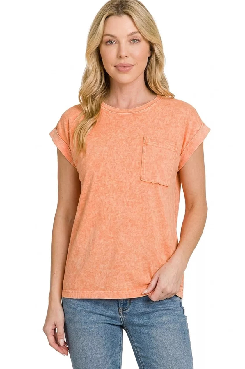 Washed orange short-sleeve tee with chest pocket and relaxed fit
