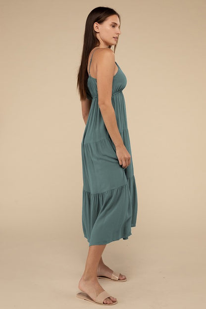 Zenana Woven Sweetheart Neckline Tiered Cami Midi Dress
