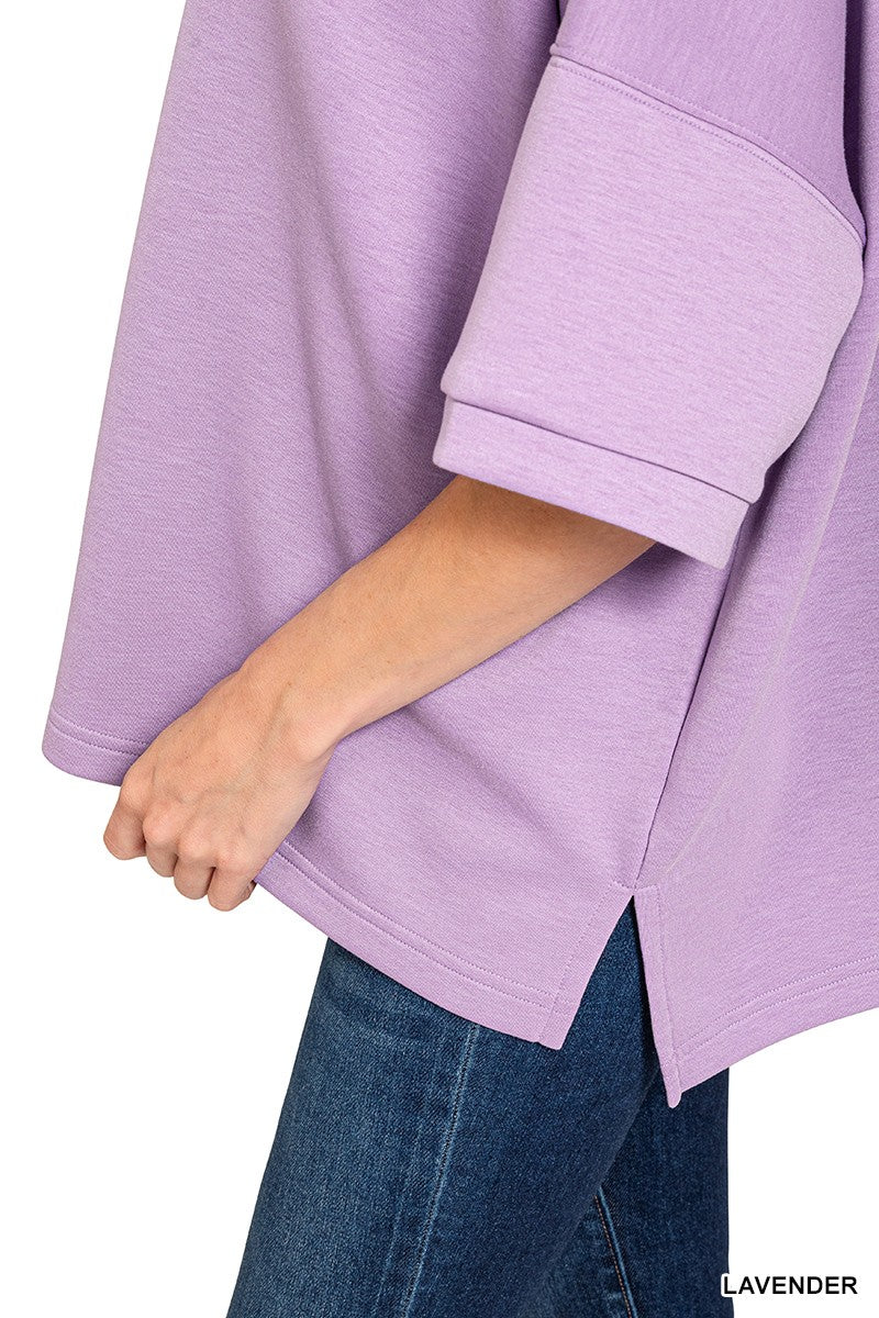 Lavender scuba top sleeve and side hem detail with short cuff