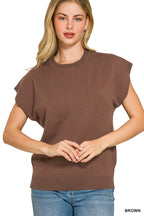 Brown ribbed crew neck sleeveless knit top with straight hem, relaxed fit