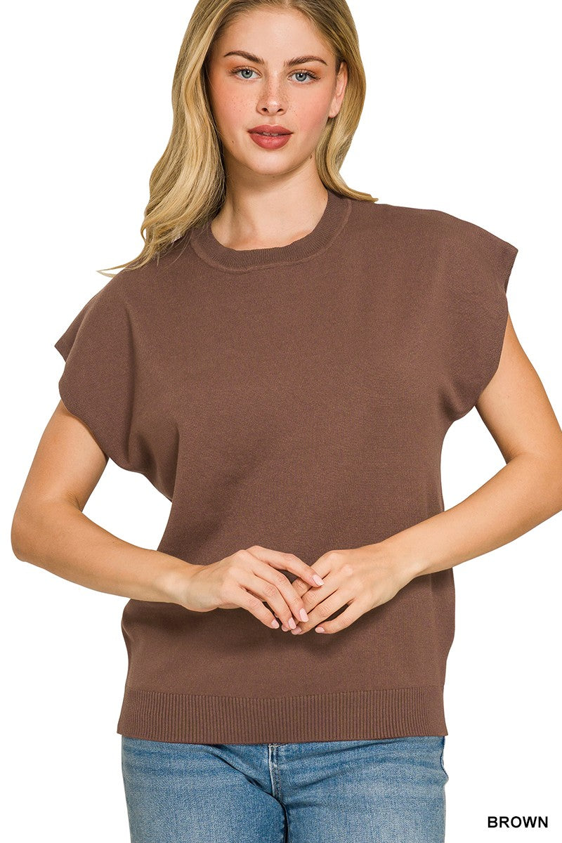 Brown ribbed crew neck sleeveless knit top with straight hem, relaxed fit