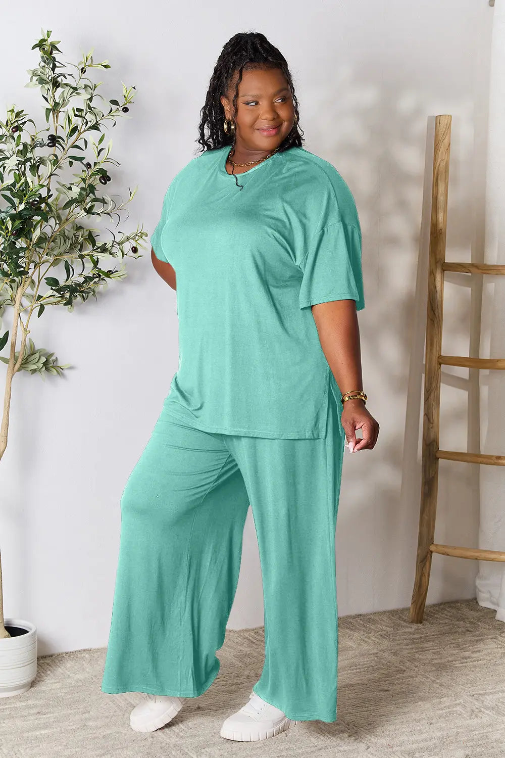 Chic Round Neck Slit Top & Pants Set – Stylish, Comfy & Versatile