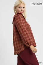 Rust Plaid Ruffle Collar Plus Blouse Vintage Women’s Fall Winter Top