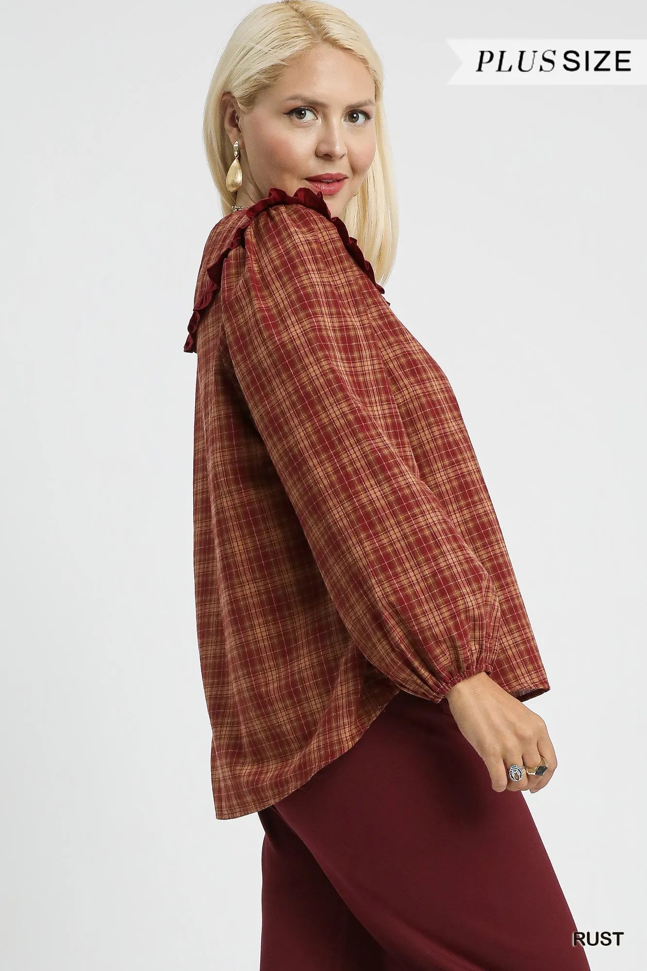 Rust Plaid Ruffle Collar Plus Blouse Vintage Women’s Fall Winter Top