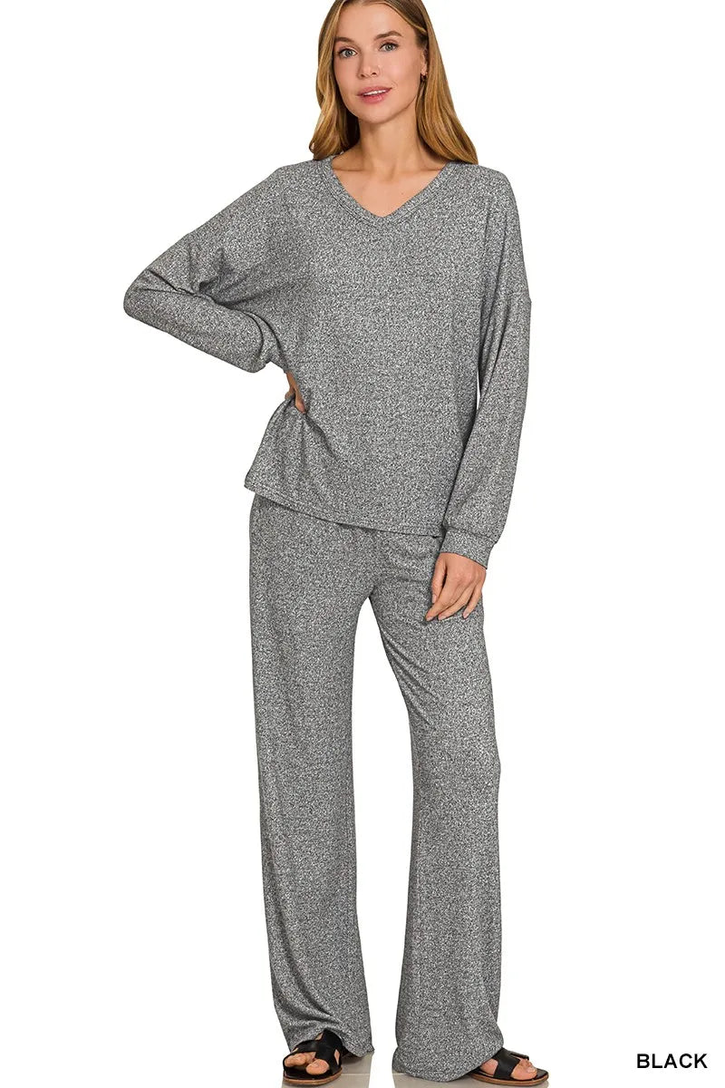 Zenana Premium Heathered Knit Loungewear Set – V-Neck Top & Wide Leg Pants