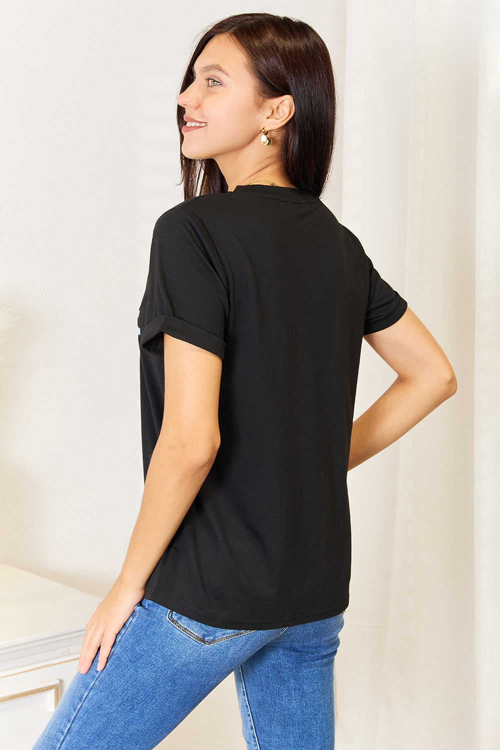 Slogan Graphic Cuffed Sleeve T-Shirt Trendy & Expressive Style