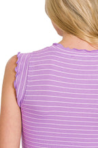 Lilac Striped Tank Top with Ruffle Trim – Cute, Comfy & Versatile