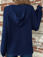 Navy waffle-knit button hoodie with hood and long sleeves, view from back