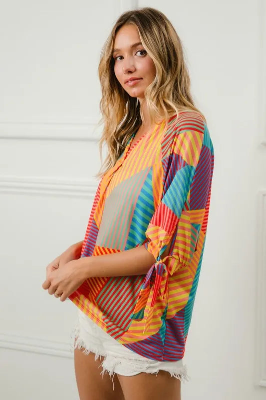 Geometric Print V-Neck Blouse – Colorful, Lightweight & Feminine