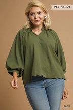Textured Notched Balloon Sleeve Blouse Plus Size Women’s Top