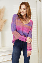 Multicolored V-Neck Pullover Sweater – Cozy, Textured & Stylish