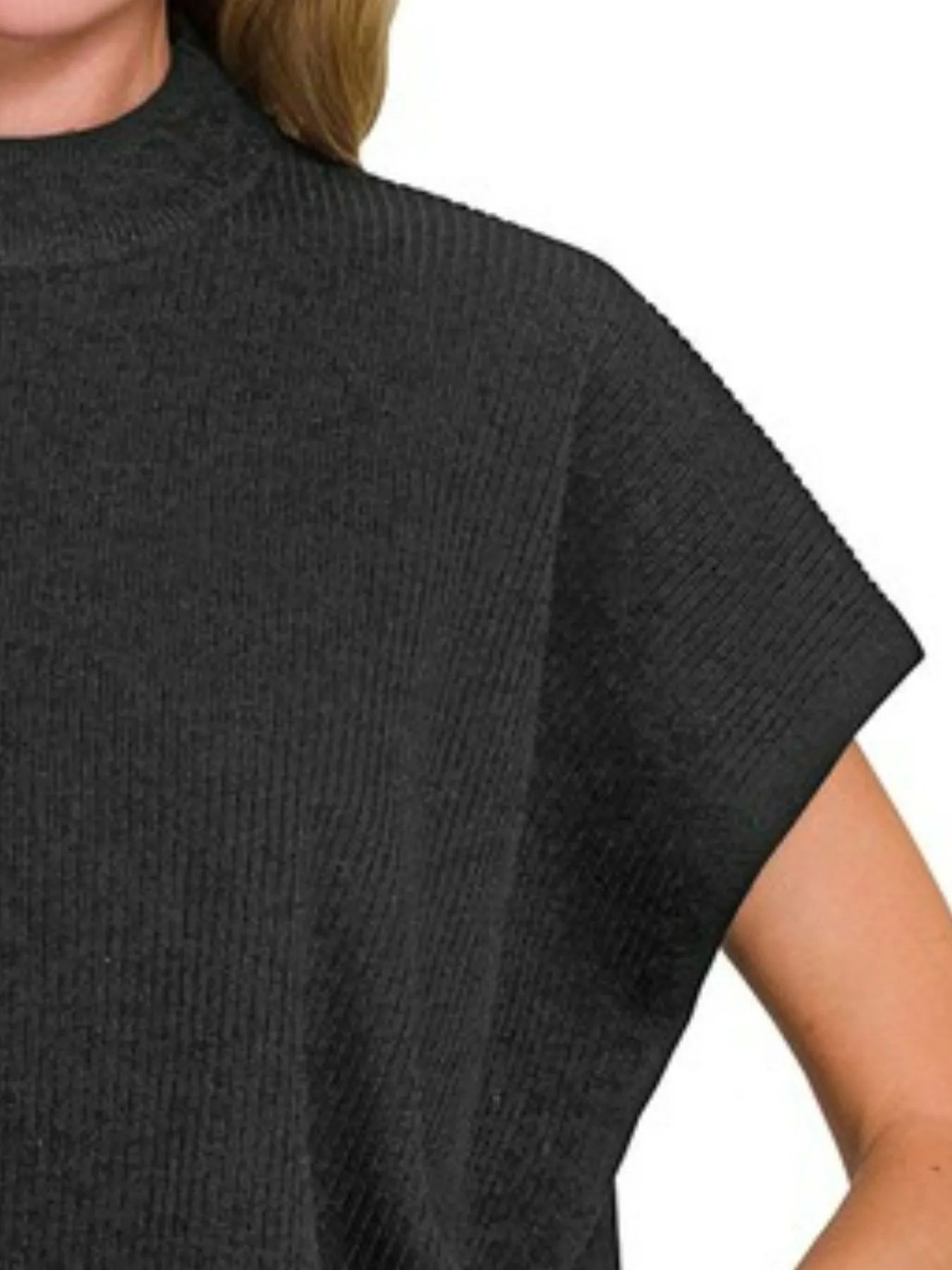 Charcoal Ribbed Mock Neck Short Sleeve Sweater – Cropped & Modern