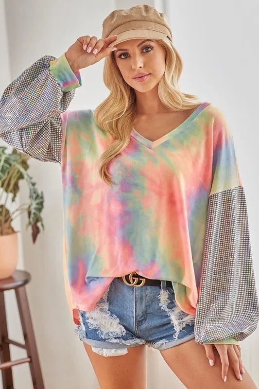 V-Neck Tie-Dye French Terry Top with Shimmer – Trendy & Cozy