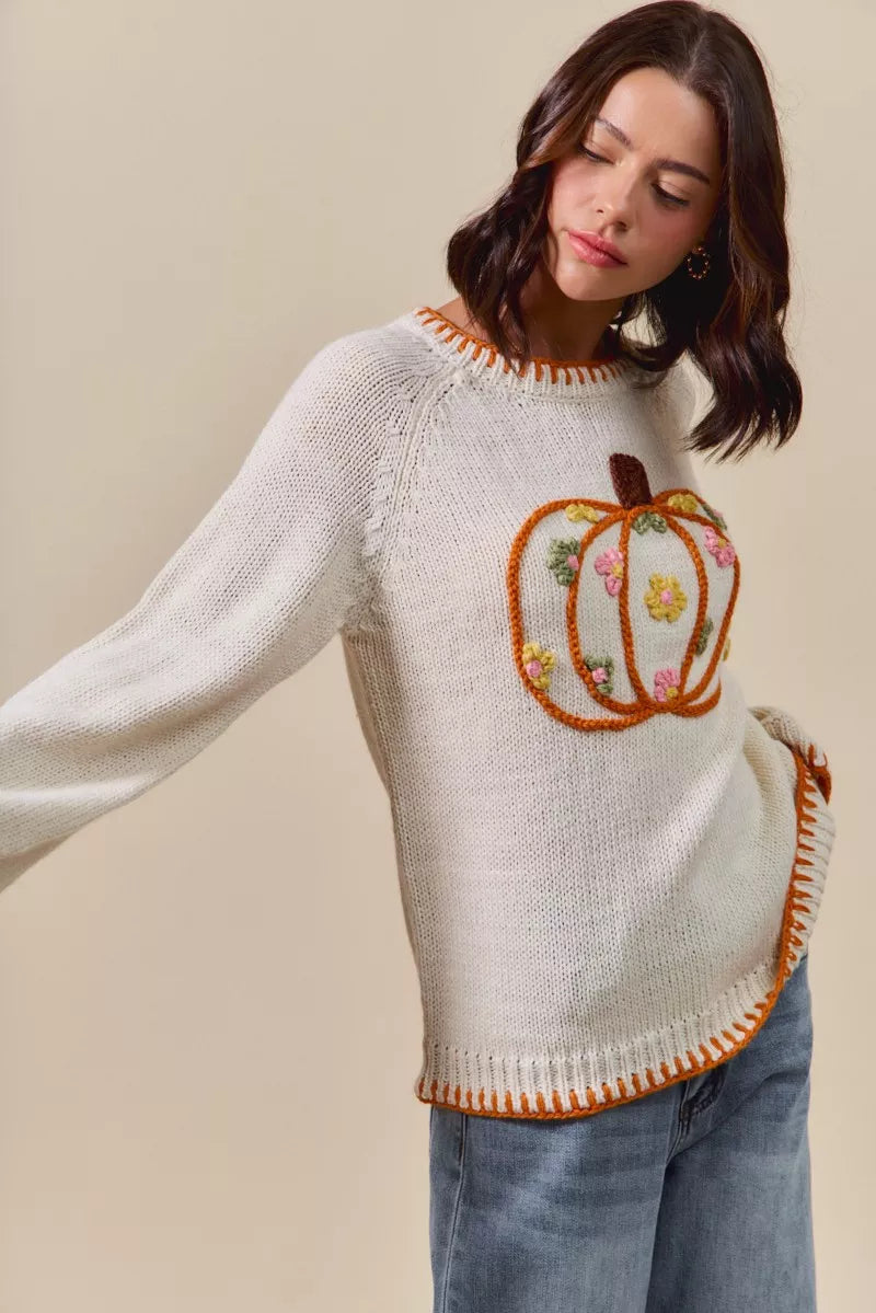 Pumpkin Floral Embroidered Thanksgiving Sweater – Festive Fall Knit