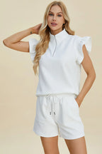 Textured Flounce Sleeve Top & Shorts Set – Stylish & Comfy 2-Piece