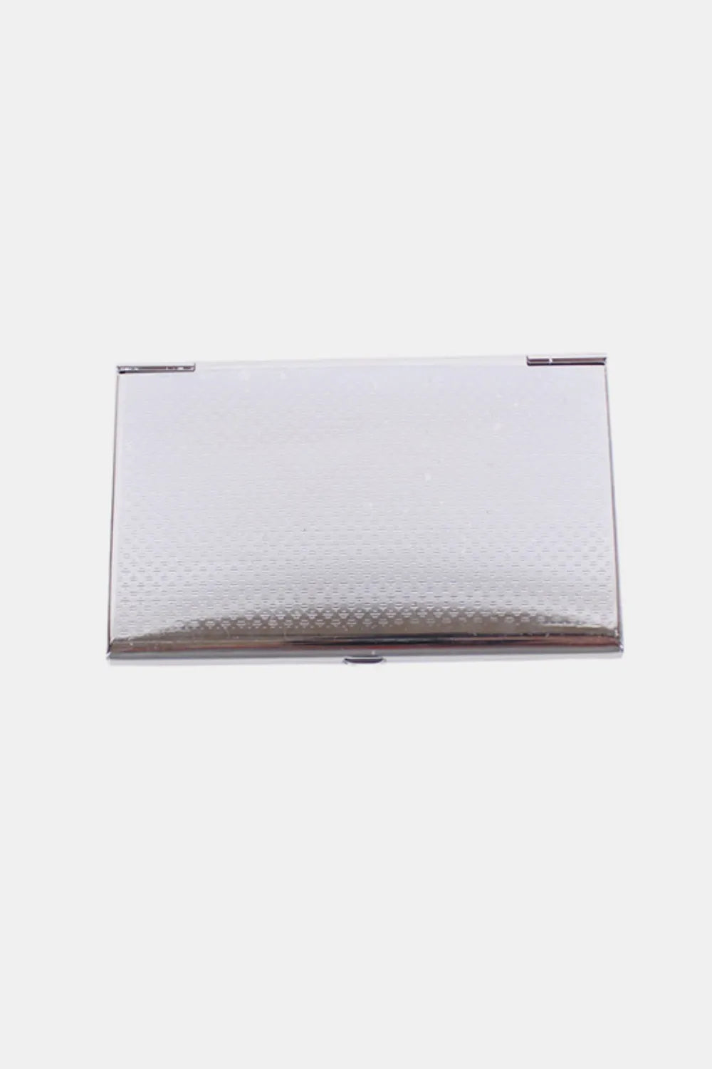 Metallic business card case with textured finish, plain front, and snap closure