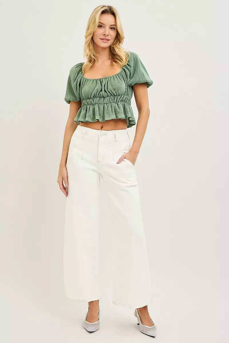 RISEN high-rise cream denim wide-leg ankle pants, button front, side pockets