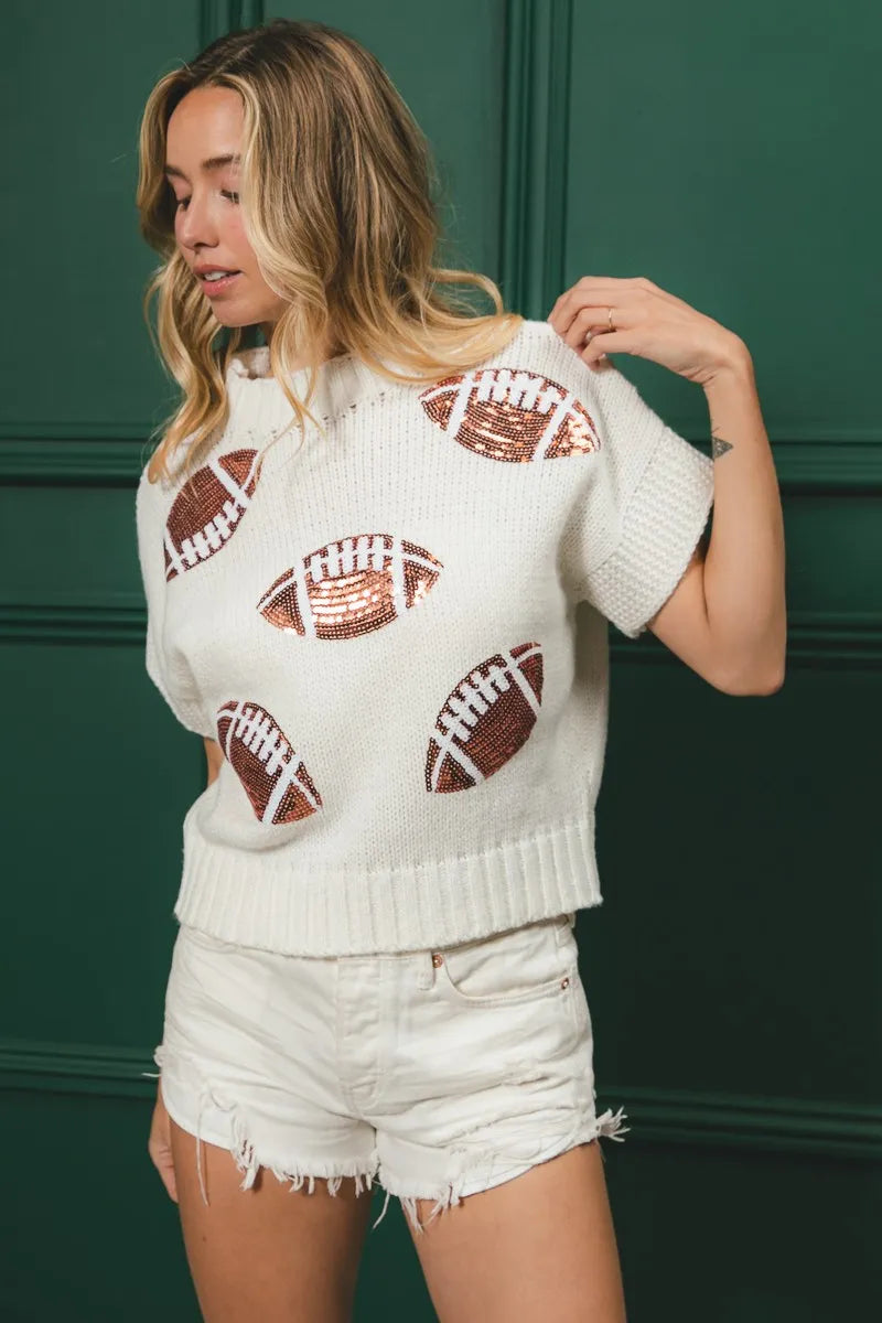 Football Print Pullover Sweater – Sporty Chic Short Sleeve Knit