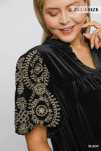 Velvet Embroidered Sleeve Blouse Luxe Ruched Top with Elegant Detailing