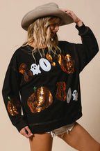 Halloween Sequin Pumpkin & Ghost Sweatshirt – Oversized Black Pullover