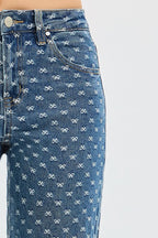 High Rise Wide Leg Bow Embroidered Jeans | Feminine Trendy Denim