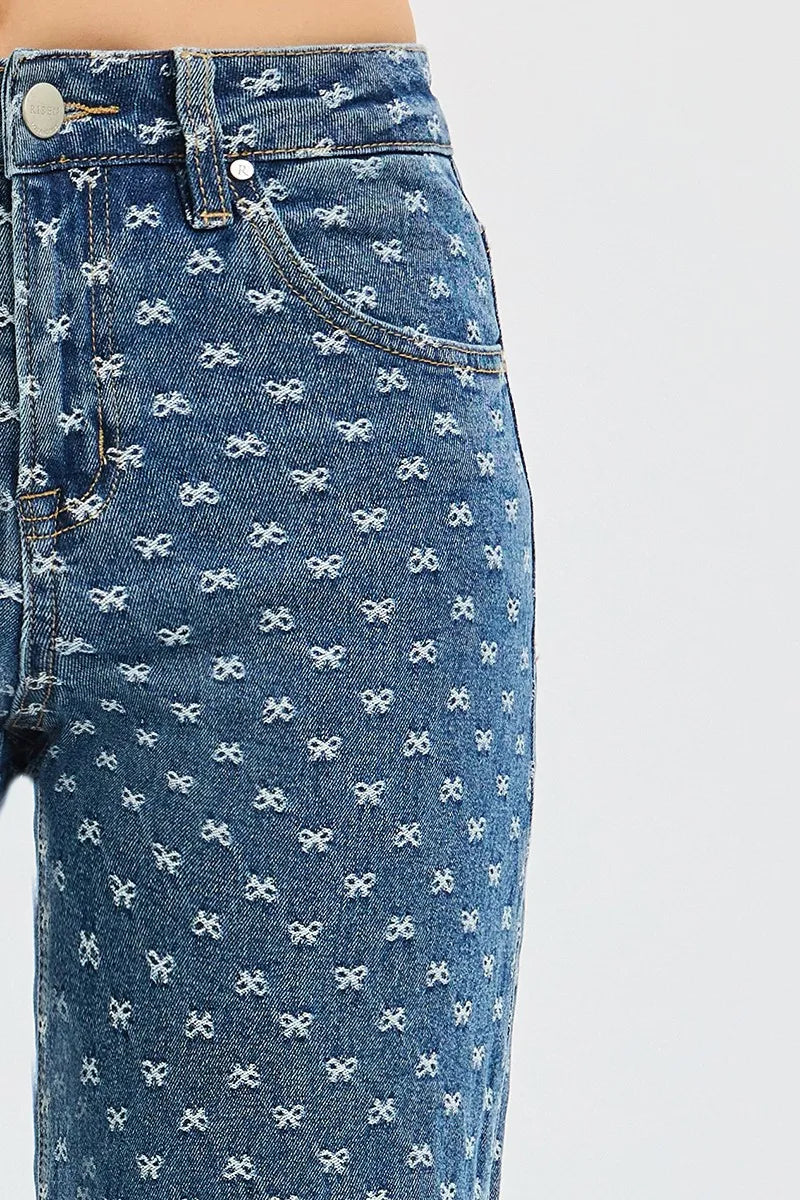 High Rise Wide Leg Bow Embroidered Jeans | Feminine Trendy Denim