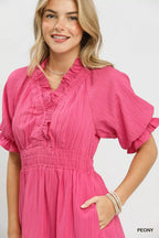 Peony ruffle V-neck midi dress with button placket and puff sleeves