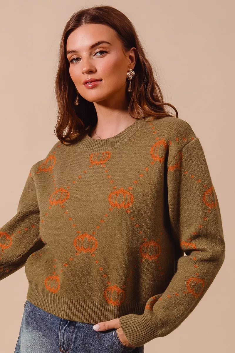 Pumpkin Rhombus Halloween Thanksgiving Sweater Top – Festive Cozy Knit