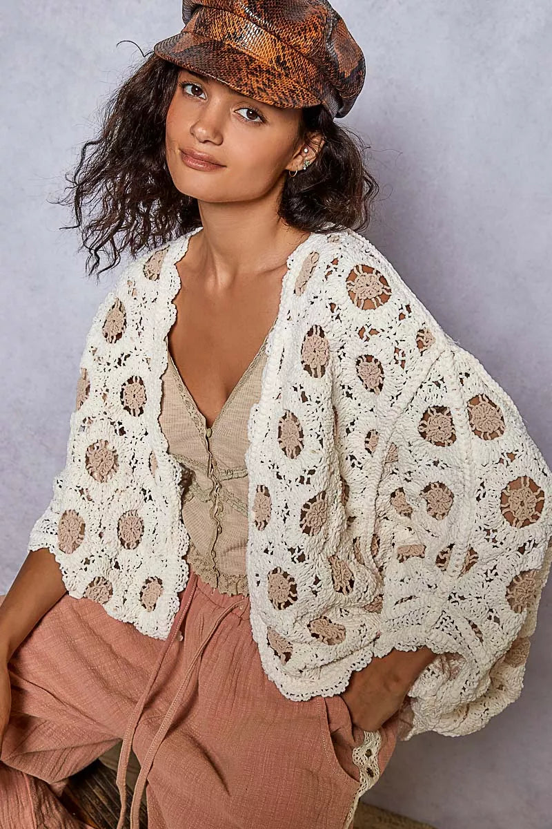 Chenille V-Neck Relaxed Fit Cardigan – Floral Batwing Design