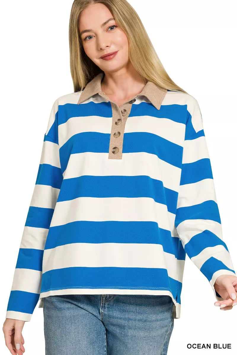 Blue and white striped polo top with contrast collar and front button placket