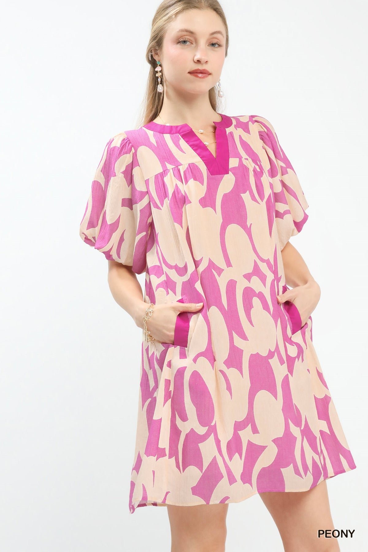 Pink and cream patterned mini dress, V-neck with short puff sleeves
