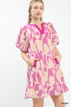 Pink and cream patterned mini dress, V-neck with short puff sleeves