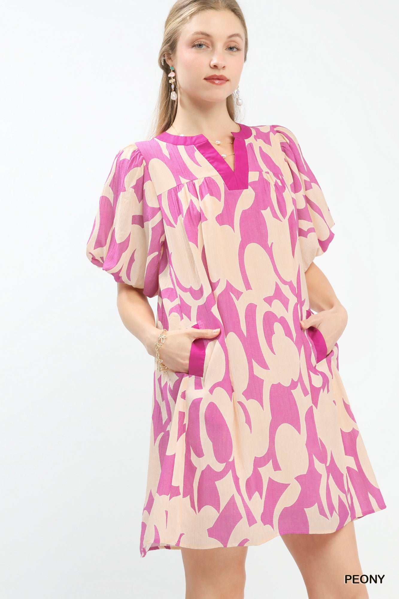 Pink and cream patterned mini dress, V-neck with short puff sleeves