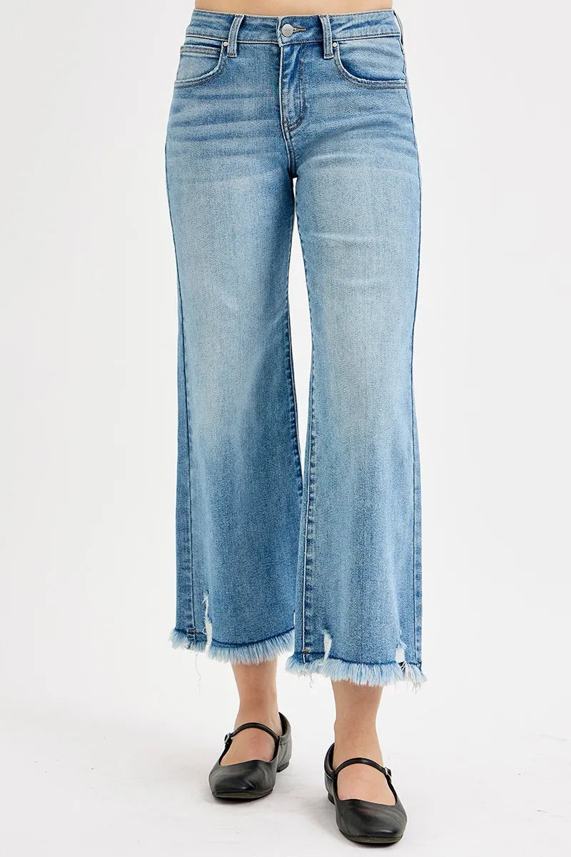 Dreamkue-Risen Women's Mid Rise Cropped Wide Leg Jeans Stretch Denim, Casual Fit
