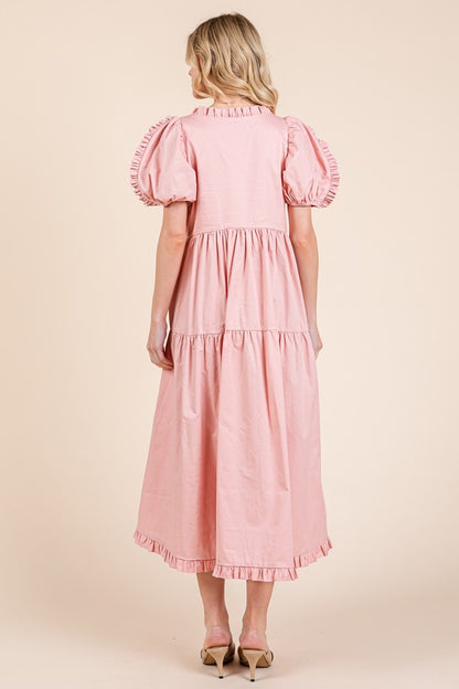 GeeGee Ruffle Trim Puff Sleeve Tiered Babydoll Midi Dress