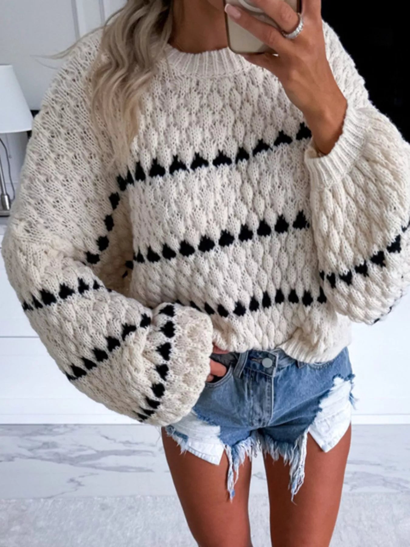Chunky Knit Striped Sweater with Balloon Sleeves – Cozy Chic Style