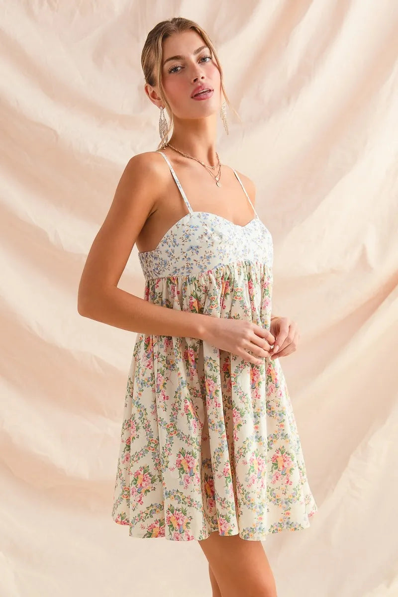 Romantic Floral Cami Dress with Lace Trim & Tiered Ruffle Skirt