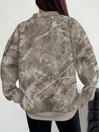Light gray camo zip-neck oversized sweatshirt, back view with long sleeves