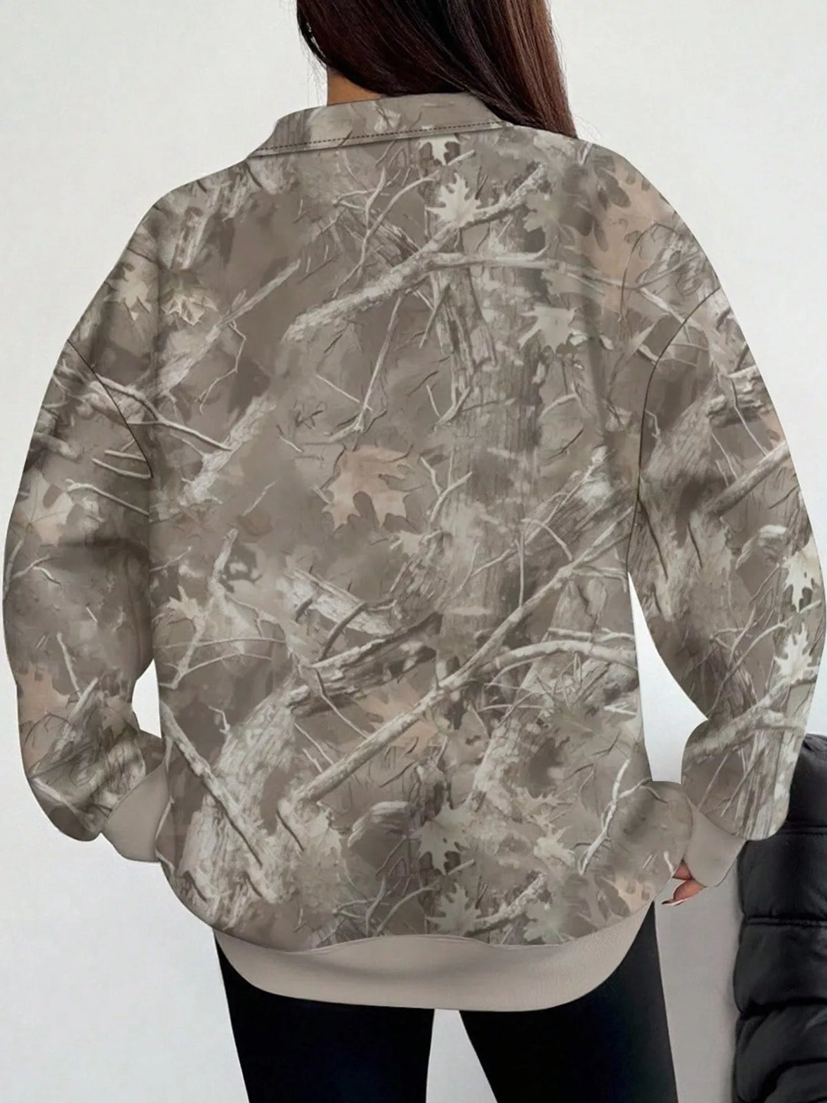 Light gray camo zip-neck oversized sweatshirt, back view with long sleeves