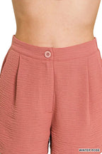 Women’s woven shorts, winter rose, elastic waistband with button front closure