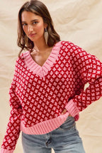 Color Block Textured Christmas Sweater V-Neck