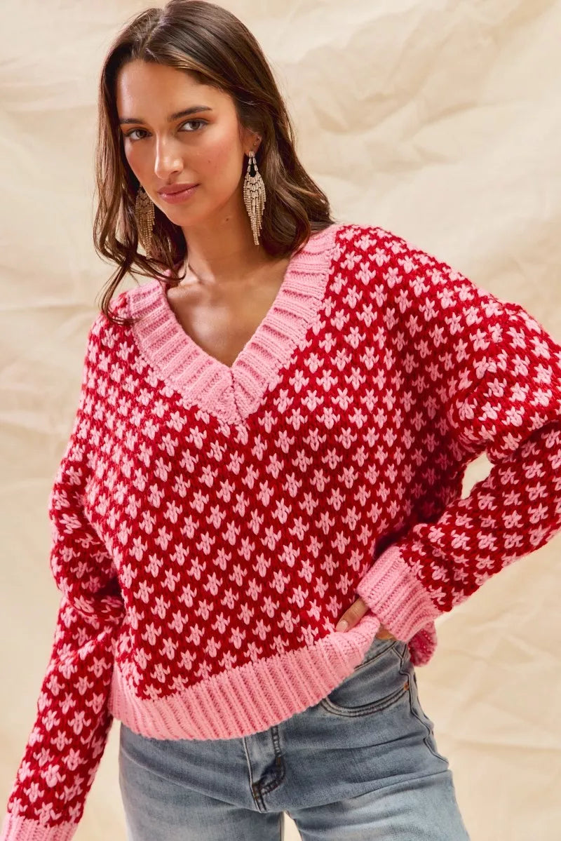Color Block Textured Christmas Sweater V-Neck