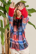 Plaid Brushed Rib Contrast Thumb Open Hoodie – Cozy Casual Layer