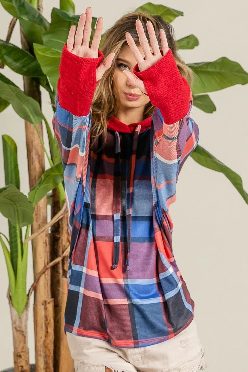 Plaid Brushed Rib Contrast Thumb Open Hoodie – Cozy Casual Layer