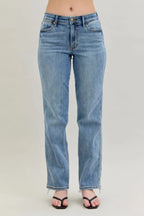 Judy Blue Women's High Waisted Dad Jeans with Frayed Hem & Cell Phone Pocket